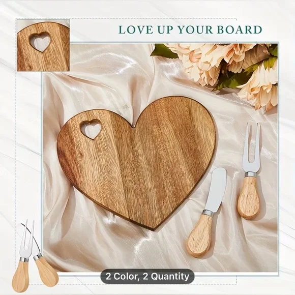 Heart-Shaped Bamboo Cheese Board Set, Charcuterie Board. - Picture 5 of 9